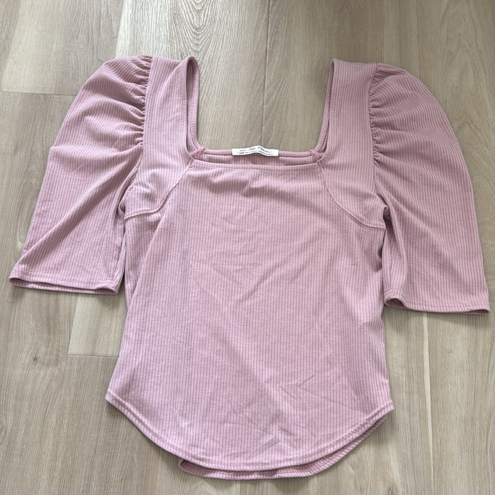 Free People Mauve Pink Ribbed Square Neck Puff Sleeve Top